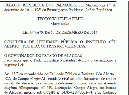 Instituto Céu Aberto tornar-se Utilidade Pública Estadual